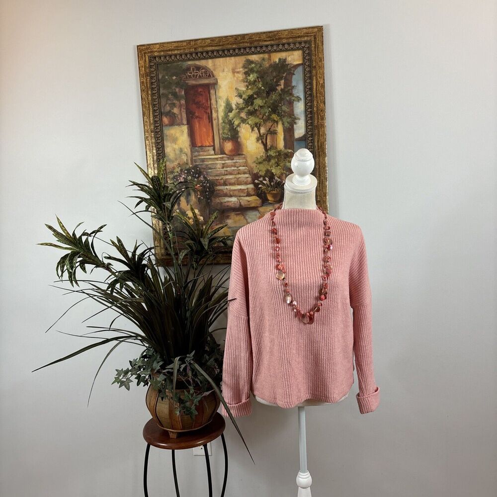 H&M Women's Peach Coral Cardigan Sweater S Cropped 3/4 Sleeve Pullover High Neck